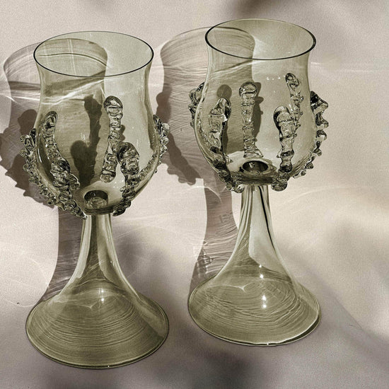 Load image into Gallery viewer, Mouthblown Wine Goblets Ribbed Green - Set Of Two
