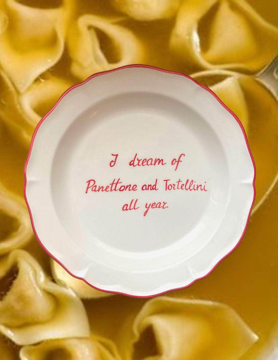 Load image into Gallery viewer, Ceramic &amp;quot;I dream of Panettone and Tortellini all year&amp;quot; Scalloped Plate | Set of 6
