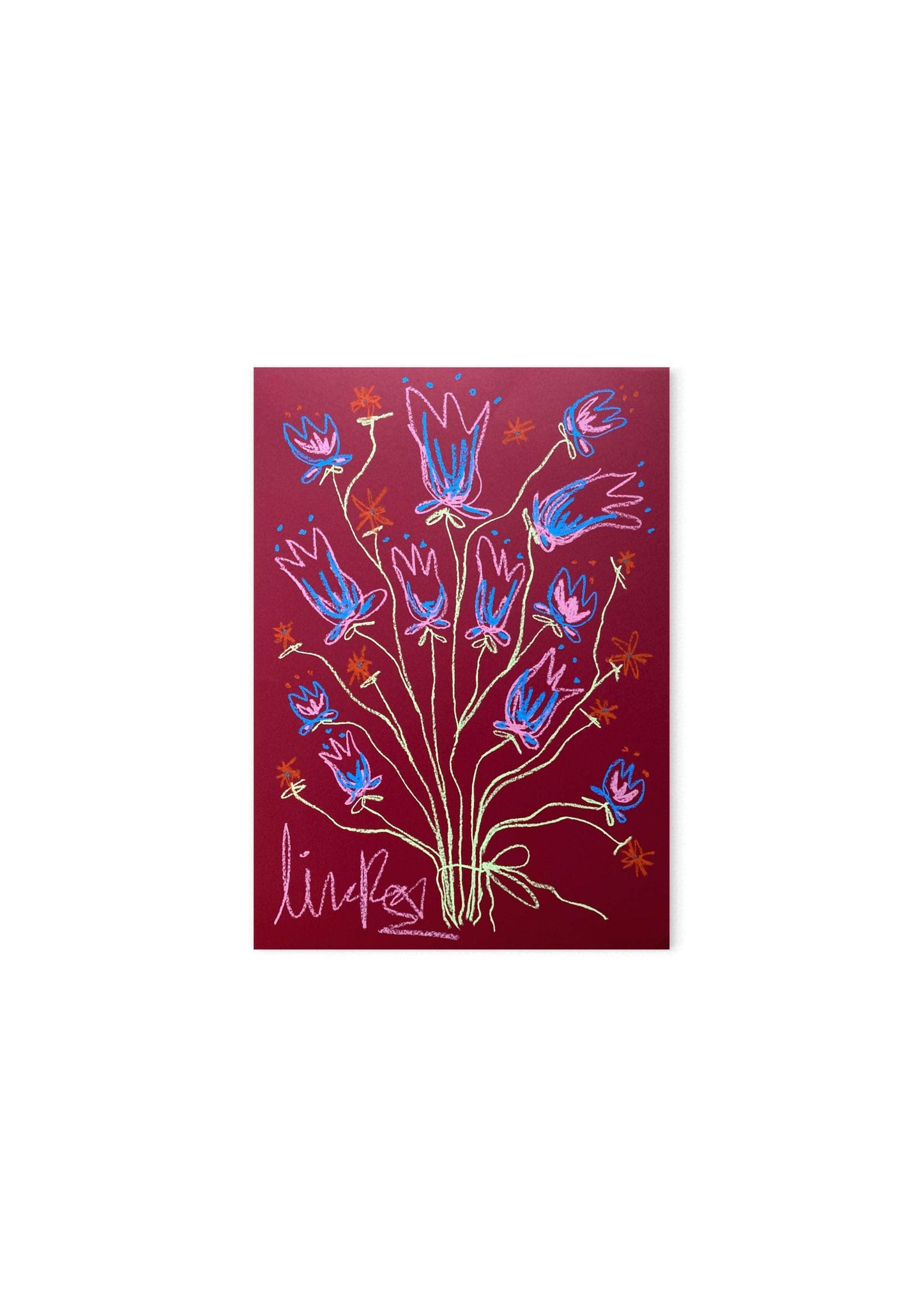 Pink and blue flowers on dark red background  | Original painting 50x70cm
