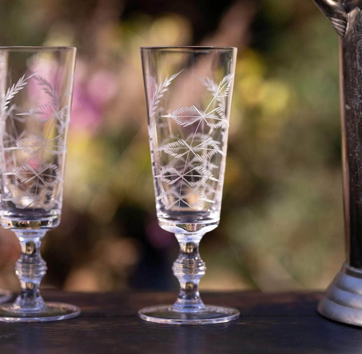 Load image into Gallery viewer, A Set of Four Crystal Champagne Flutes with Fern Design
