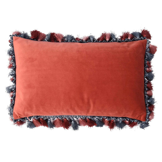 Velvet Malabar Elephant Print Peach Cushion with Tassels