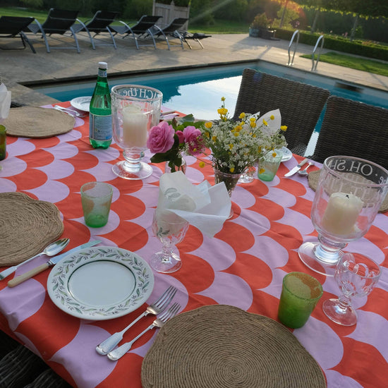 Red and Pink Fishing for Compliments Tablecloth 100% cotton