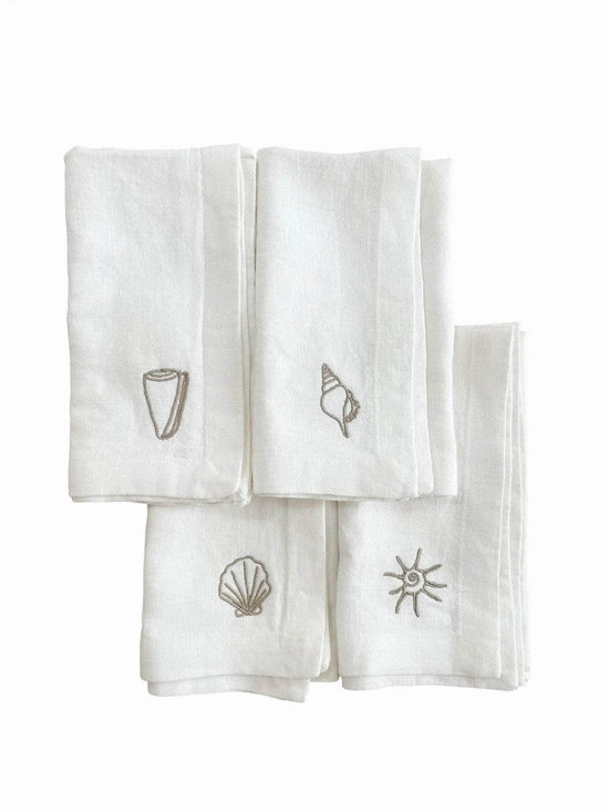 White Shell Embroidered Linen Napkins - Set of 4