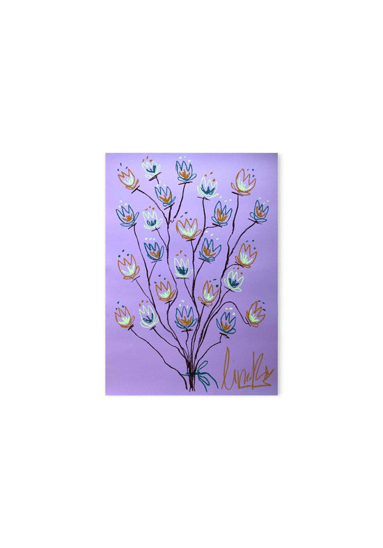 Brown and light green flowers on lavendel background  | Original painting 50x70cm