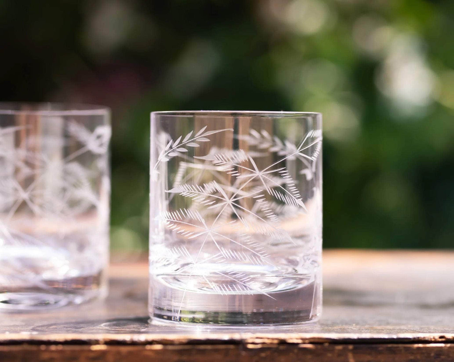 A Pair of Crystal Whisky Glasses with Fern Design