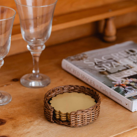 Scalloped Brass Coaster in Rattan Holder, Set of Four