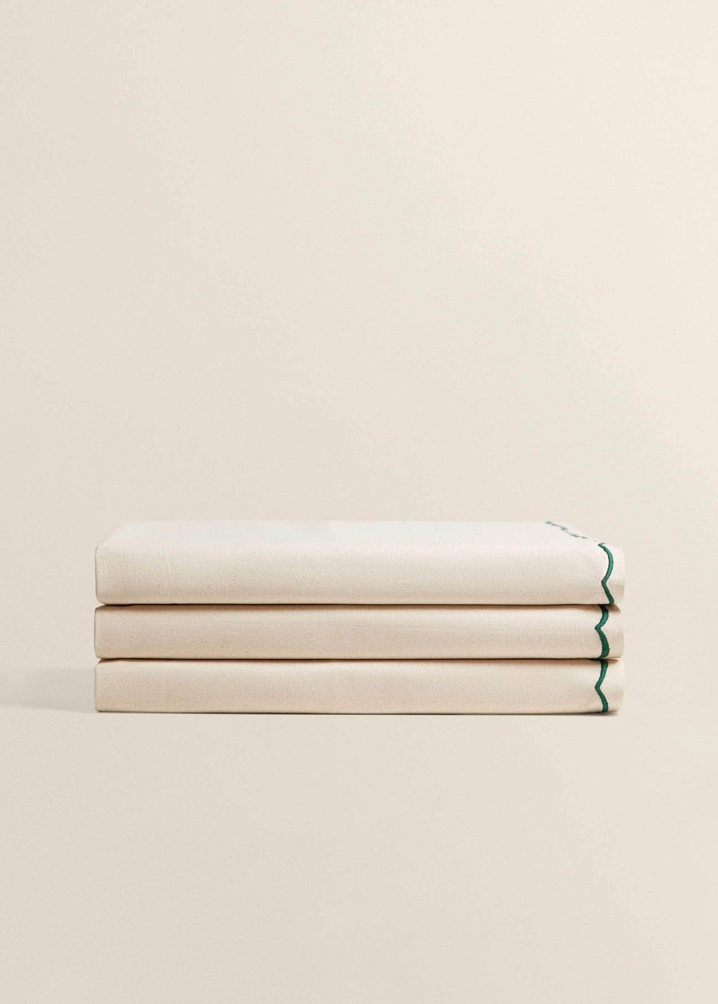Cotton Beige Tablecloth with Green Embroidery