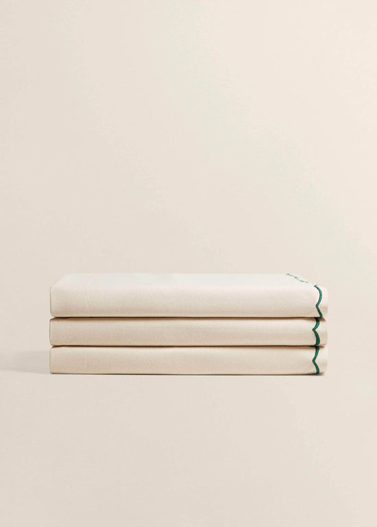Cotton Beige Tablecloth with Green Embroidery