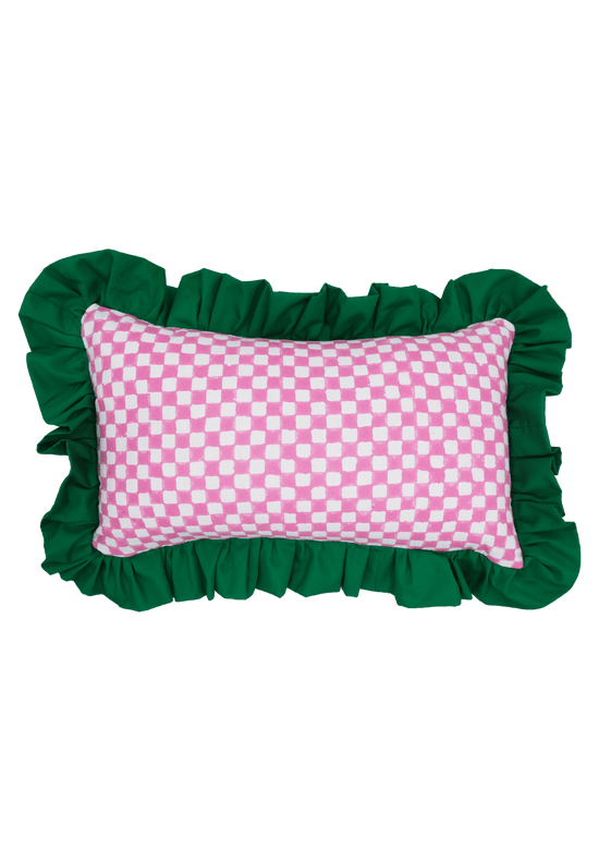 Pink And White Checkerboard Green Ruffle Cushion | Rectangle