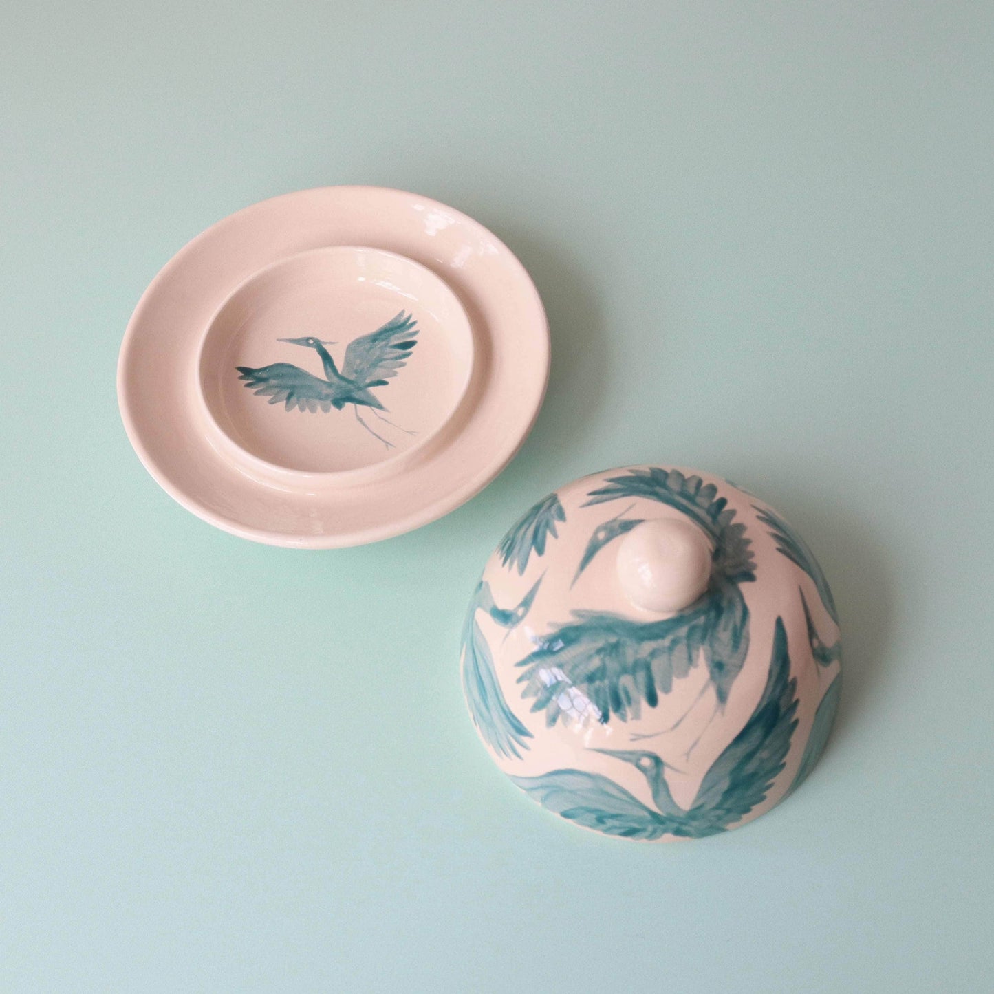 Herons Hand Painted Round Butterdish - Teal