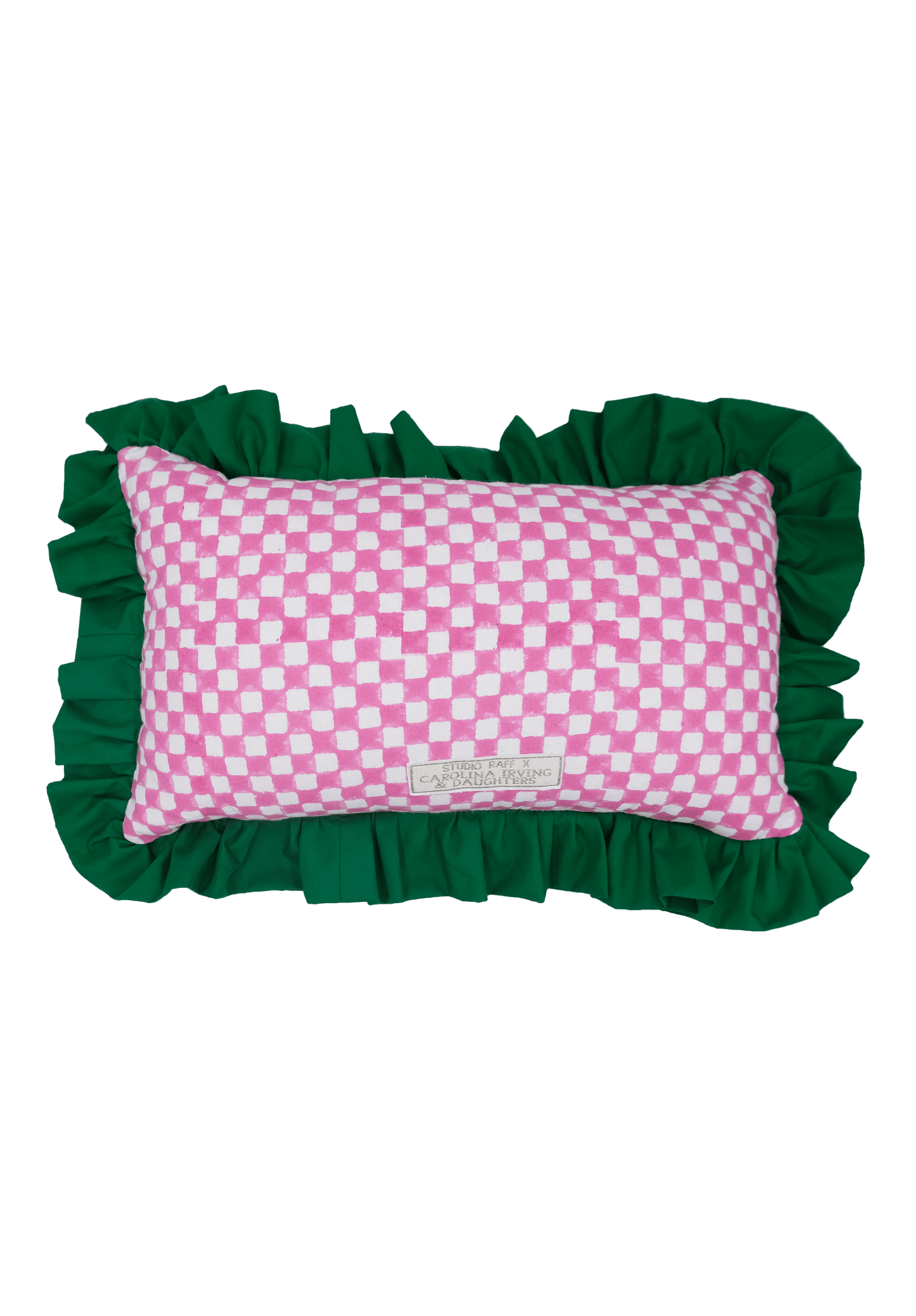 Pink And White Checkerboard Green Ruffle Cushion | Rectangle