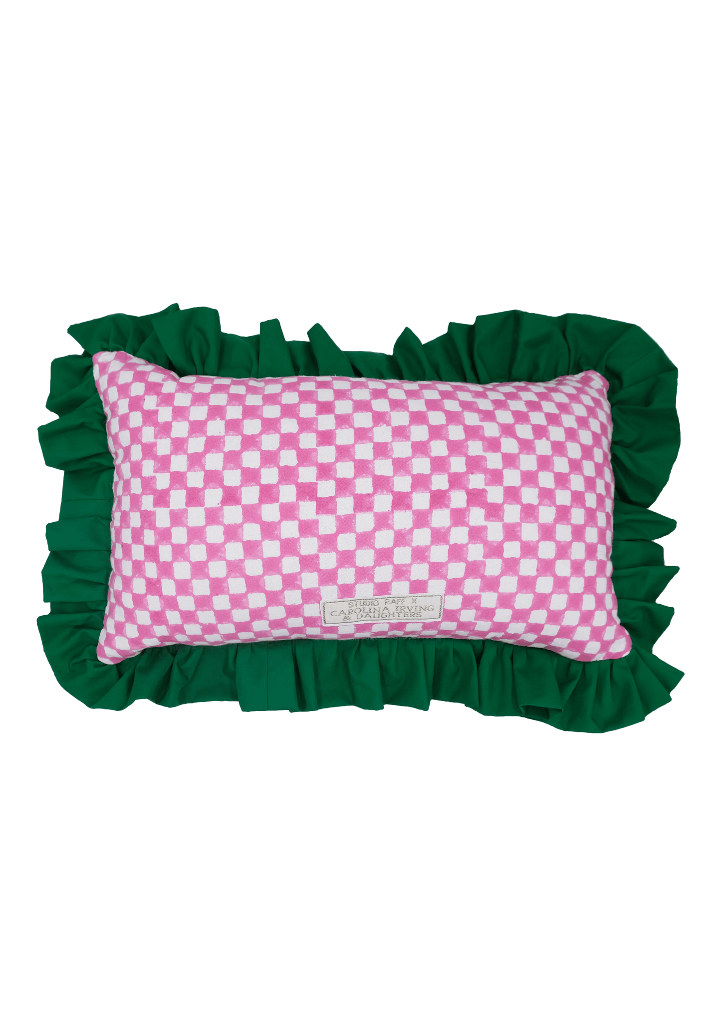 Load image into Gallery viewer, Pink And White Checkerboard Green Ruffle Cushion | Rectangle
