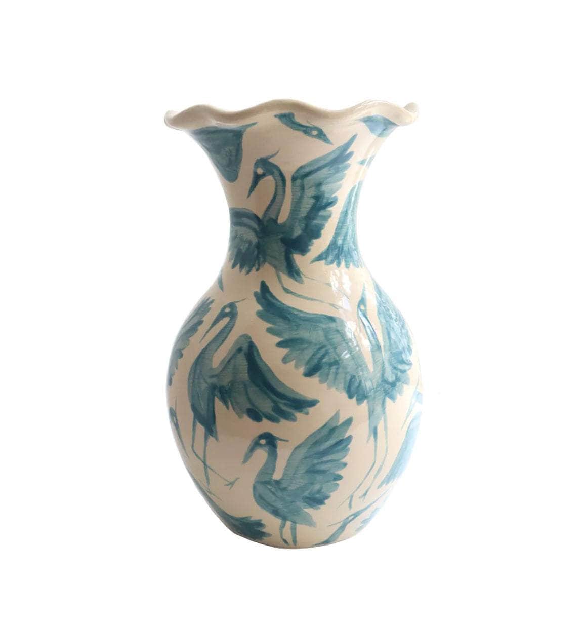 Herons Hand Painted Scalloped Vase - Teal