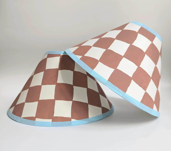 A Pair of Rust & Blue Checkerboard Hand Painted Lampshades