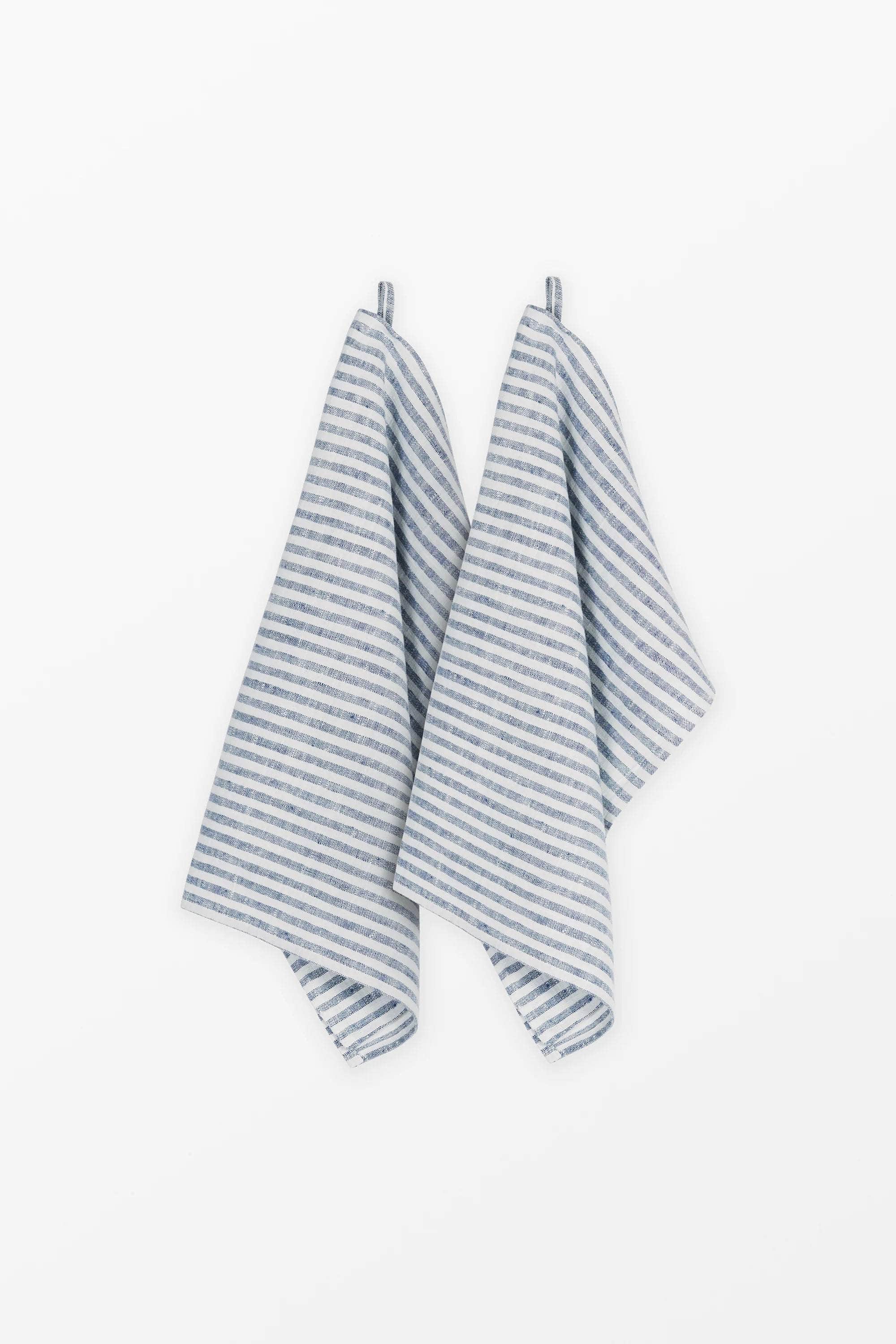 Blue + White Stripe Linen Kitchen Towels - Set of 2