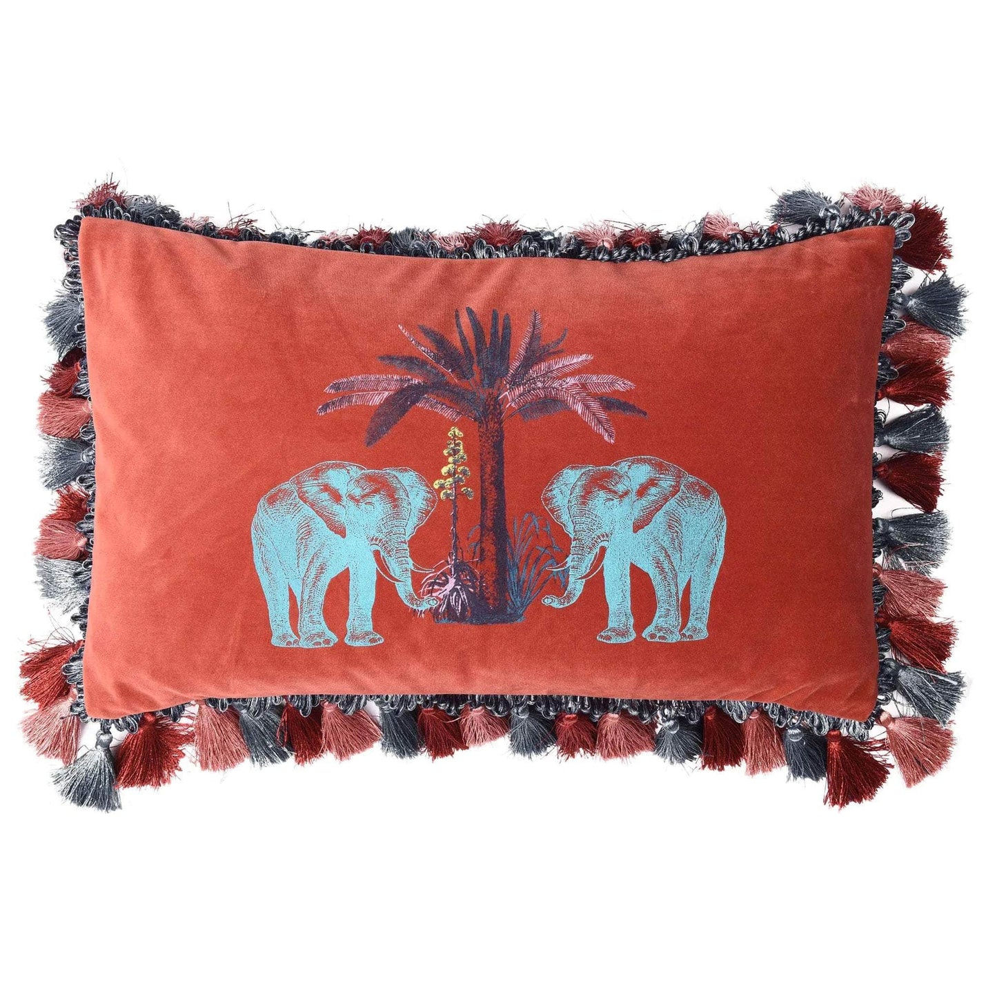 Velvet Malabar Elephant Print Peach Cushion with Tassels