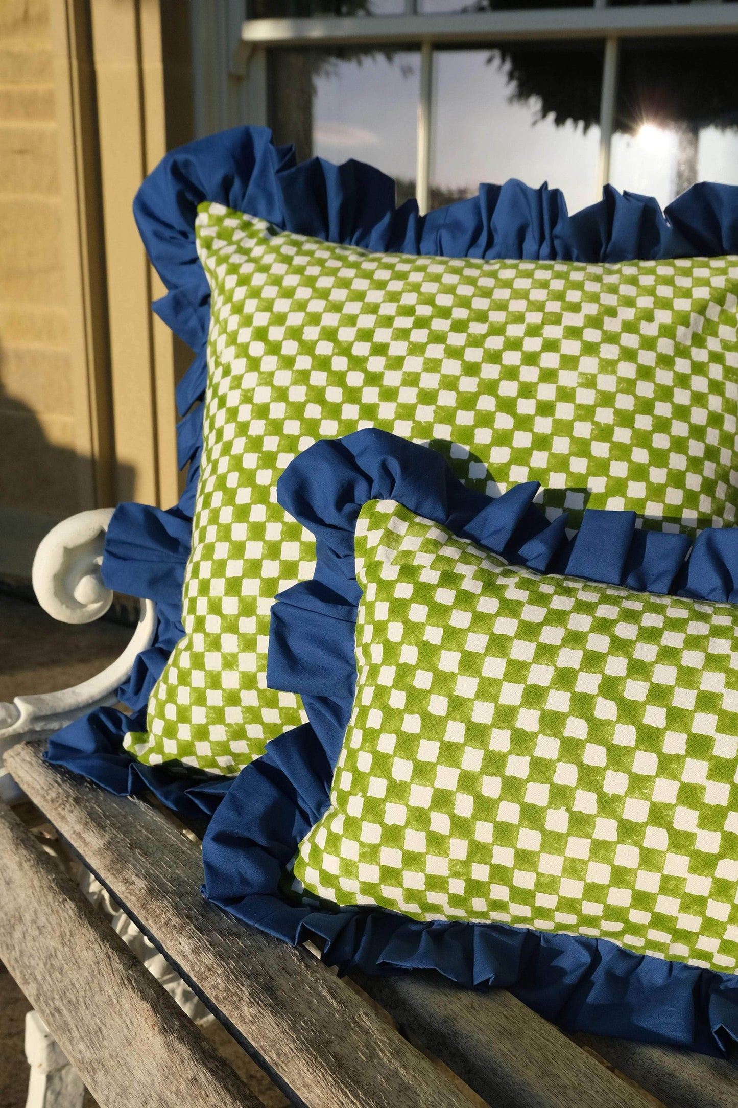 Green and White Checkerboard with Ruffle Detail Cushion