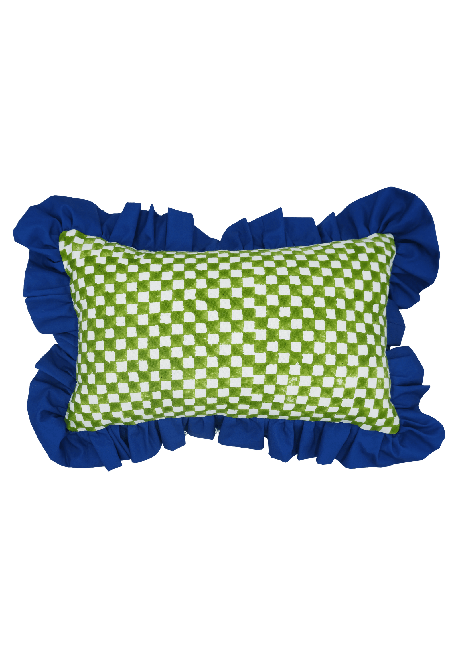 Green and White Checkerboard with Ruffle Detail Cushion | Rectangle