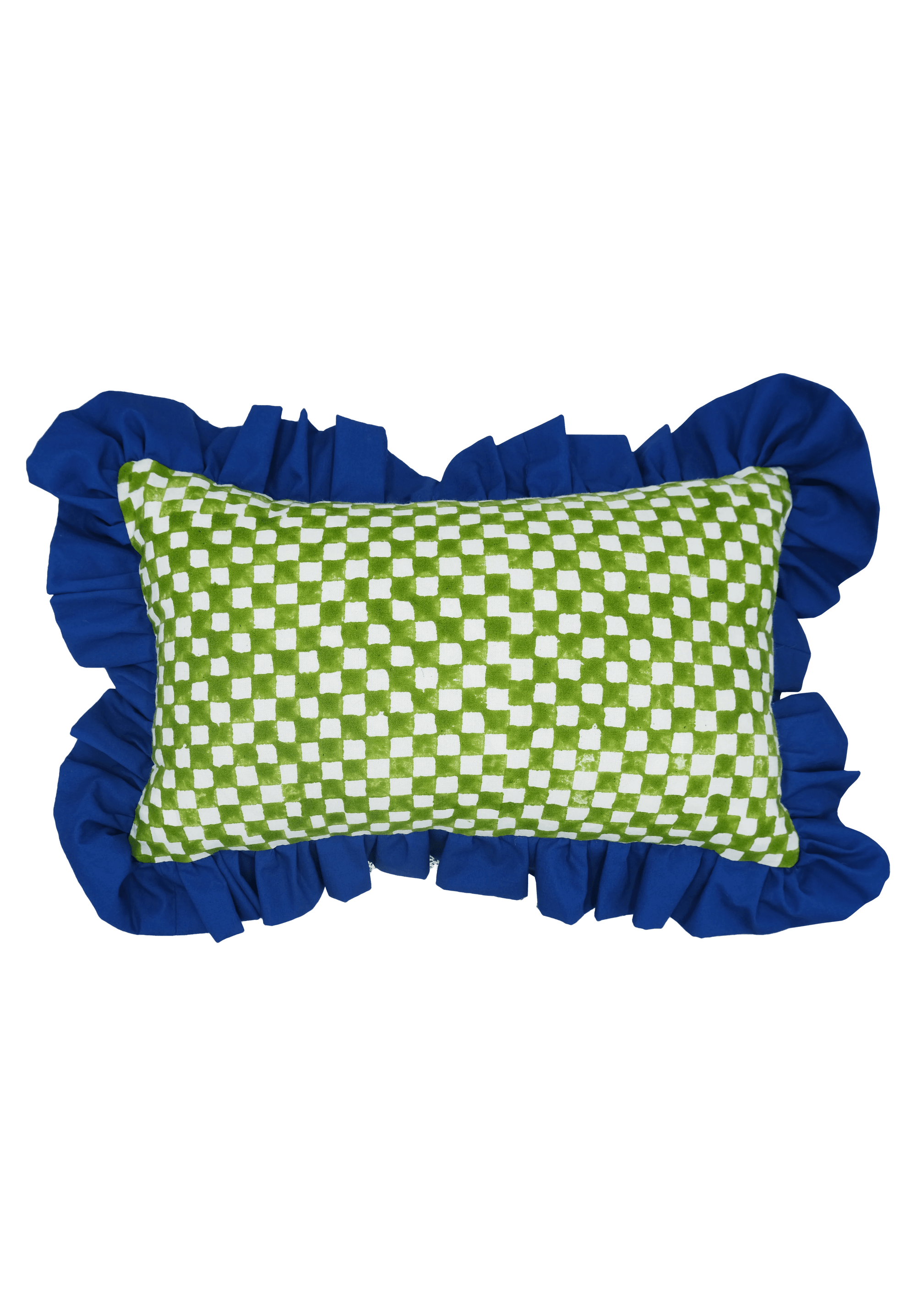 Green and White Checkerboard with Ruffle Detail Cushion | Rectangle