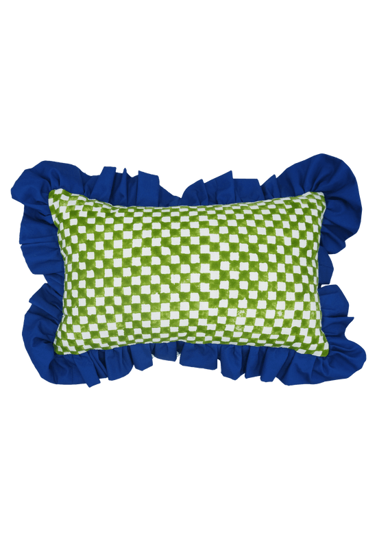 Green and White Checkerboard with Ruffle Detail Cushion | Rectangle