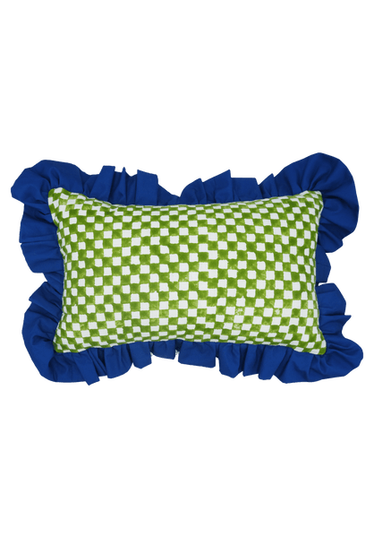 Green and White Checkerboard with Ruffle Detail Cushion | Rectangle