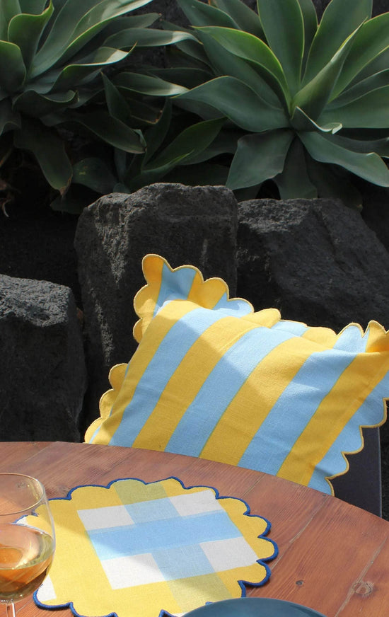 Outdoor Lemon & Azure Stripe Scallop Cushion Cover