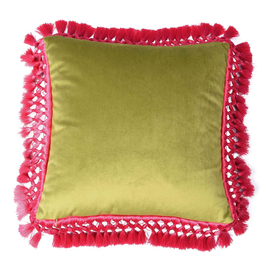 Pistachio & Olive Oriental Velvet Cushion with Fuschia Fringe