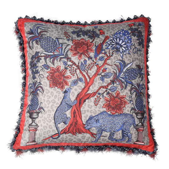 Mulberry Silk Twill Chintz Leopard Cushion with Tassels