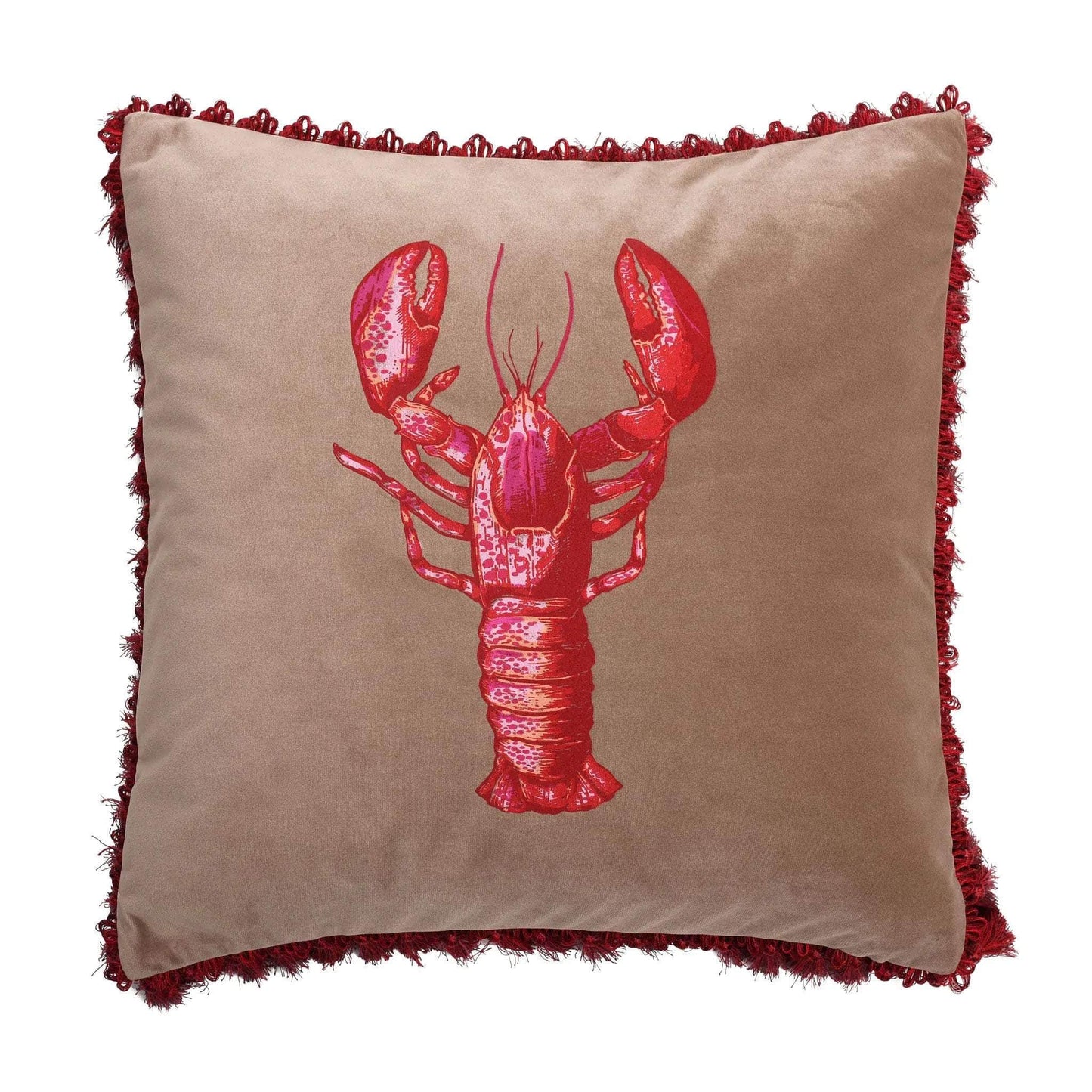 Velvet Lobster Print Langosta Taupe Cushion With Tassels