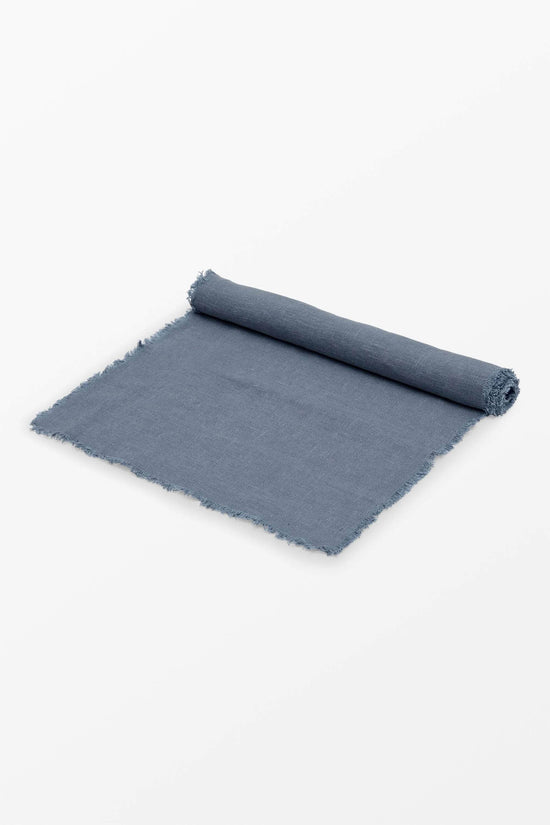 Fringed Linen Table Runner Blue