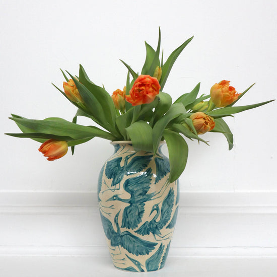 Hand Painted Teal Herons Vase - Large