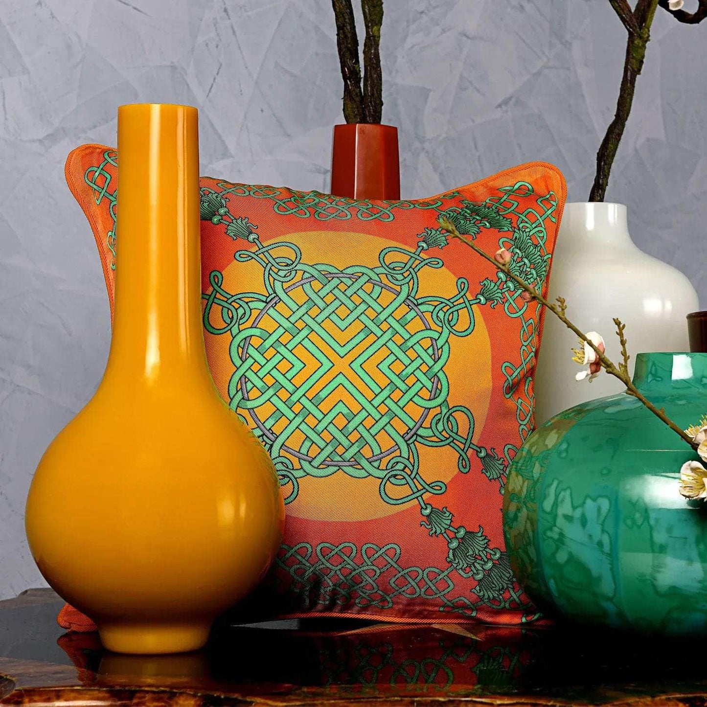 Silk Twill Orange & Green Chinese Knot Print Xanadu Jade Cushion