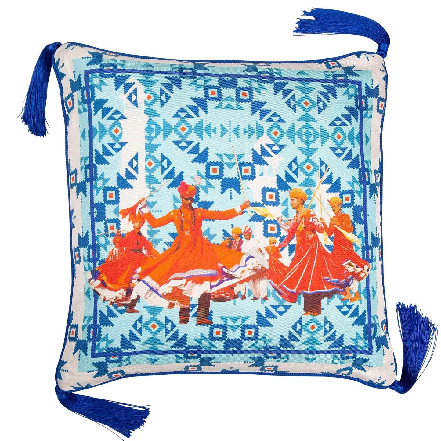 Silk Twill and Velvet Blue Graphic Print Tasselled Cushion