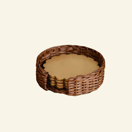 Scalloped Brass Coaster in Rattan Holder, Set of Four