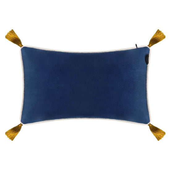 Navy Blue Velvet Rectangular Cushion with Ochre Tassels