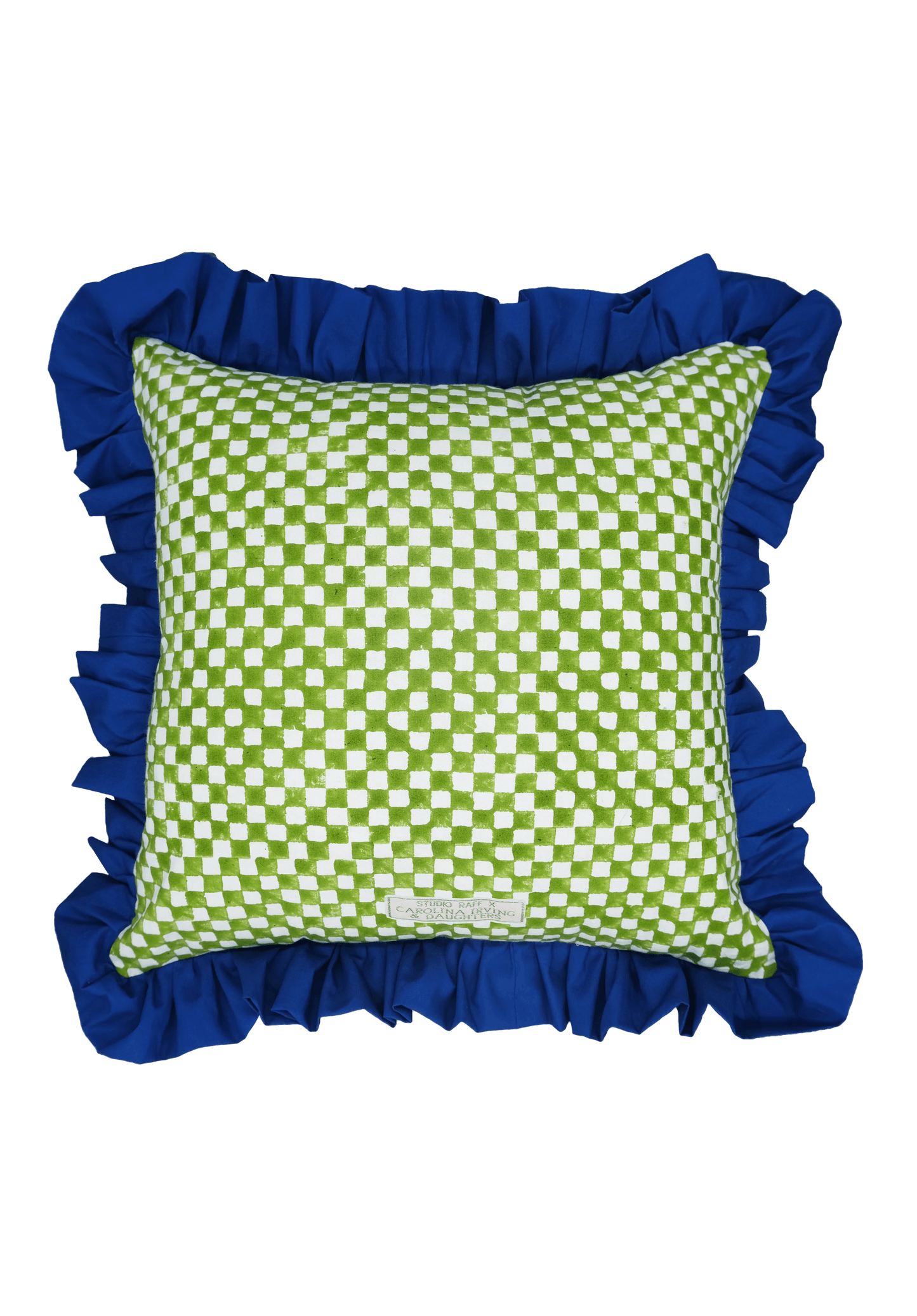 Green and White Checkerboard with Ruffle Detail Cushion