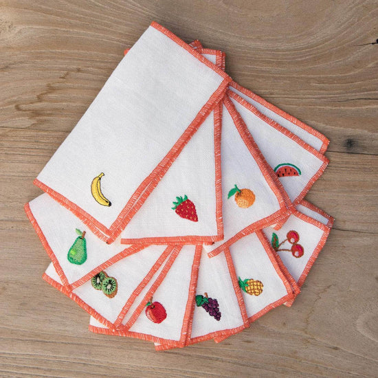 Fruits Themed Linen Cocktail Napkins  | Set of 6