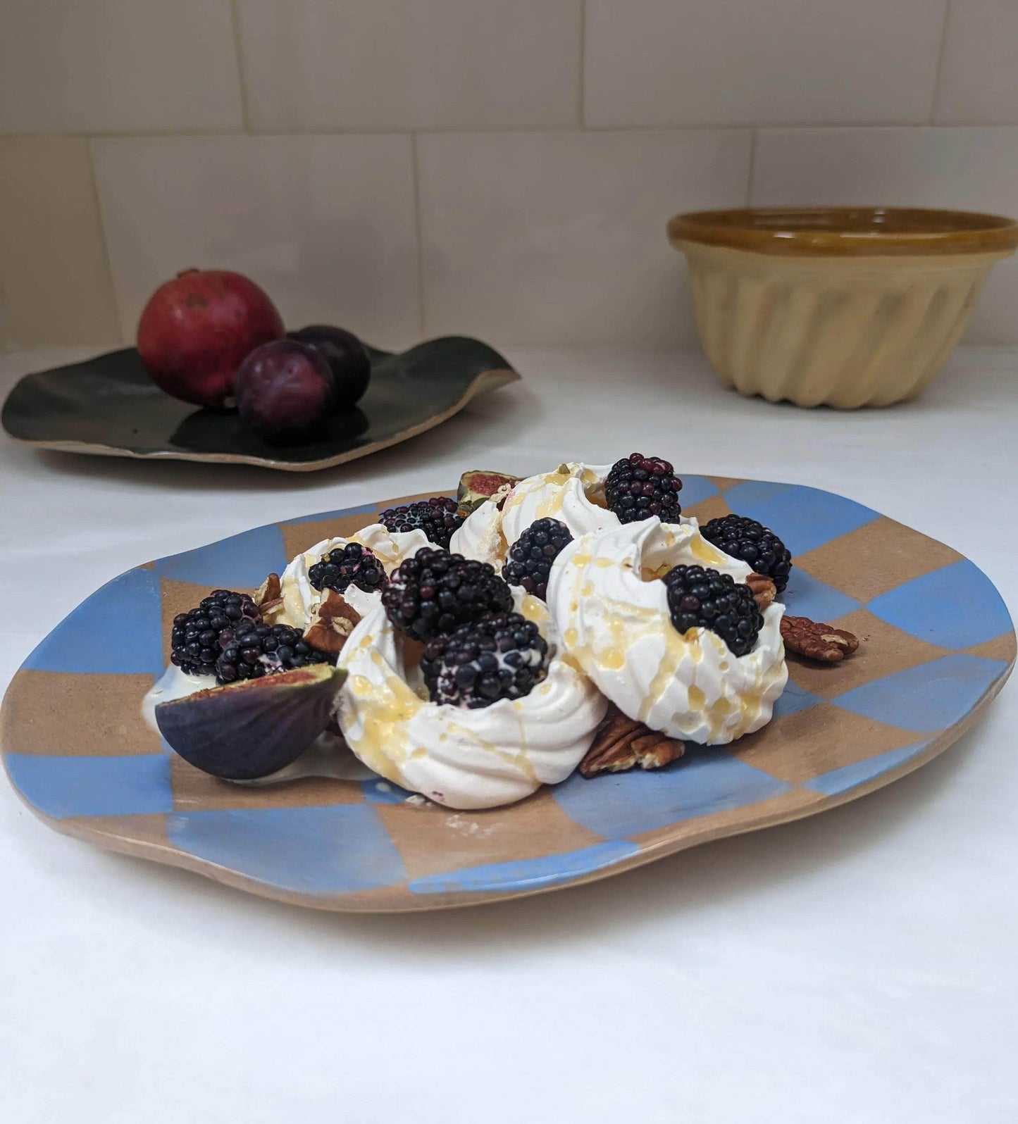 Blue Check Oval Serving Platter