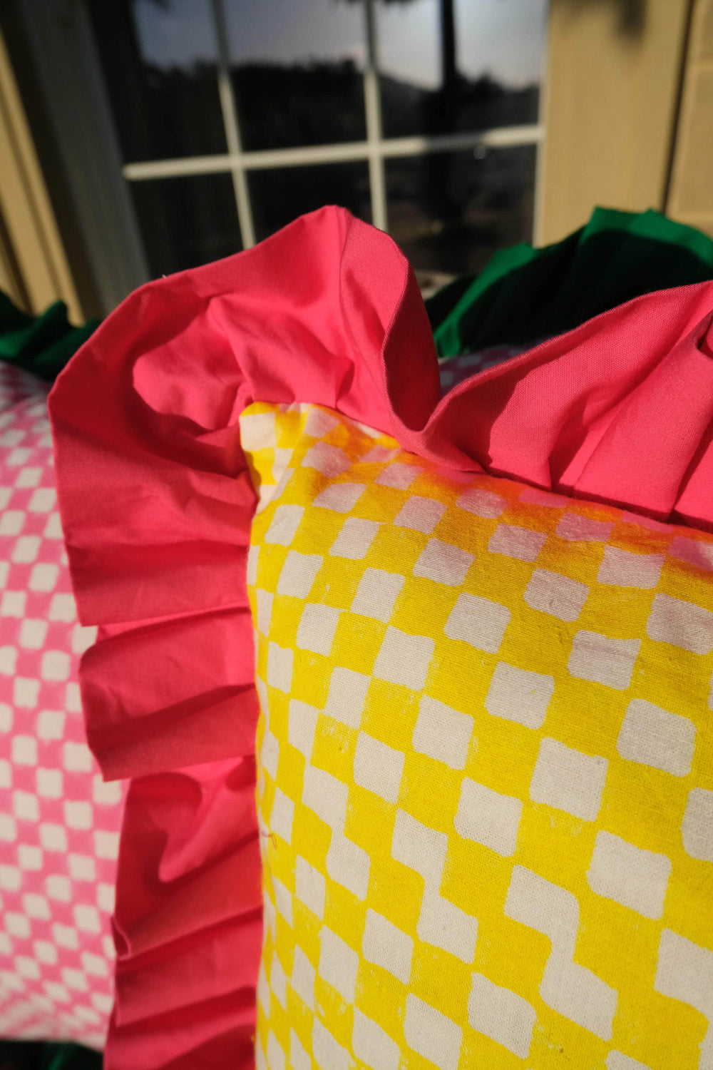 Yellow and White Checkerboard with Ruffle Detail Cushion | Square