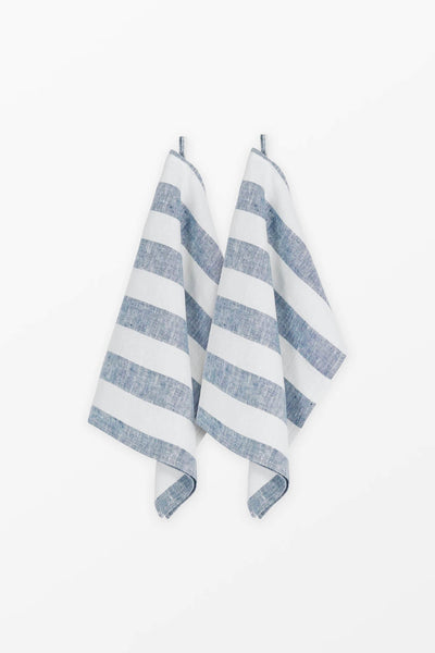 Blue + White Stripe Linen Kitchen Towels - Set of 2