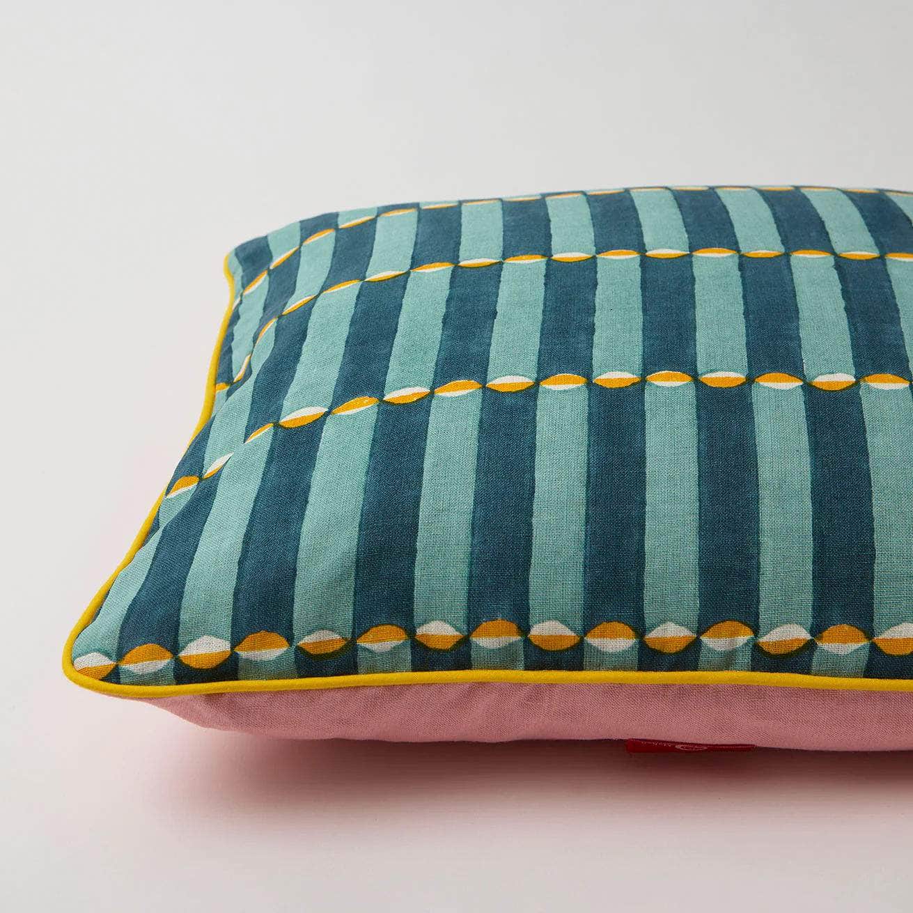 Piped Luna Blue Yellow Isabella Pink Cushion