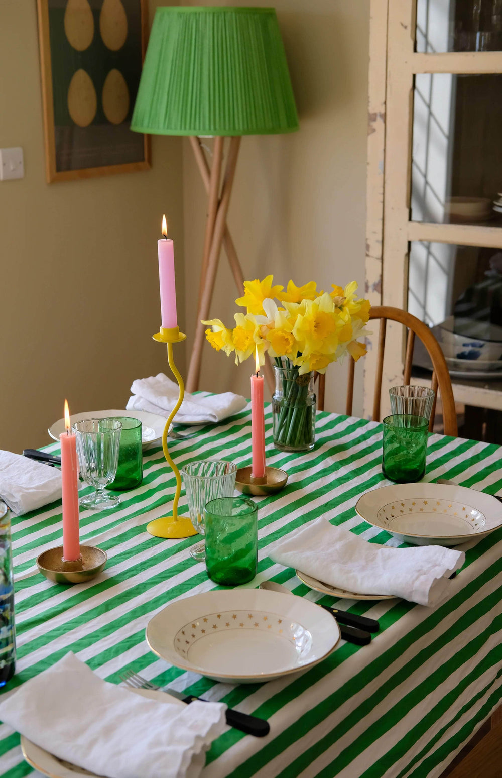 Green and White Broadway Stripe Tablecloth 100% cotton