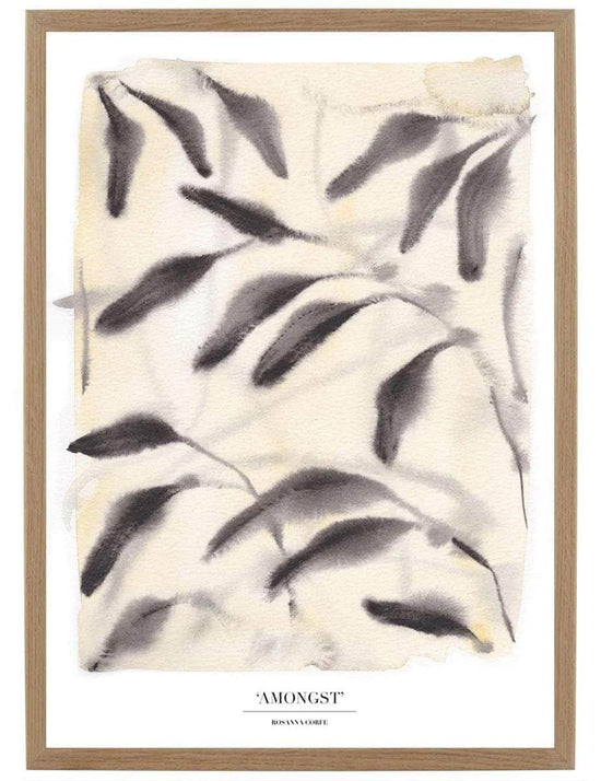 A4 - 'Amongst' Beige Yellow & Charcoal Grey Leaf Print
