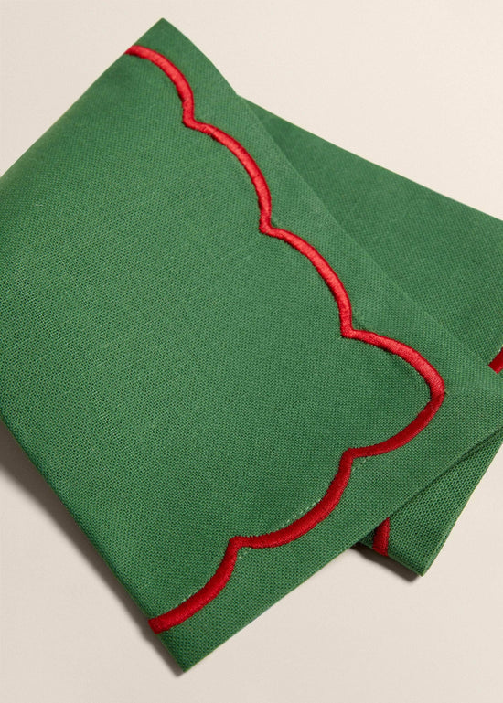 Green Linen Napkins With Red Embroidery (Set of 2)