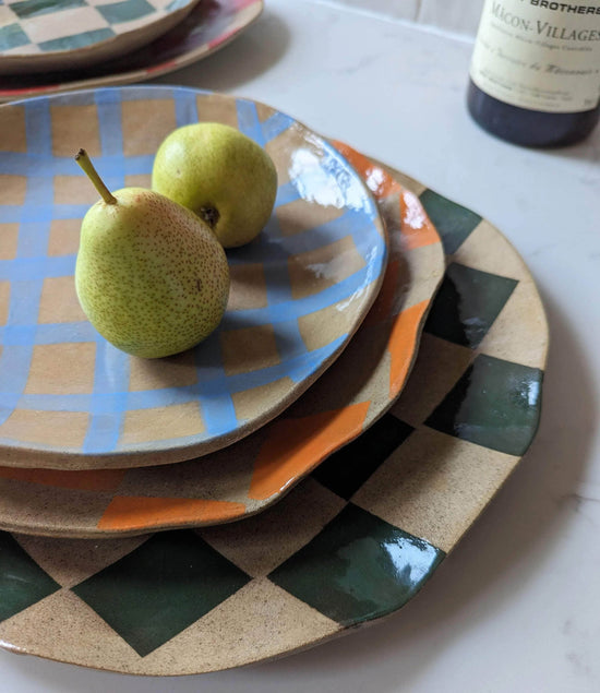 Green Round Check Serving Platter