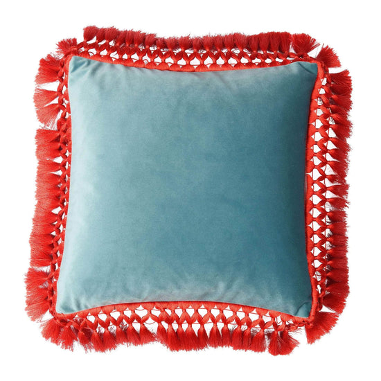 Load image into Gallery viewer, Teal &amp;amp; Turquoise Oriental Velvet Cushion with Coral Fringe
