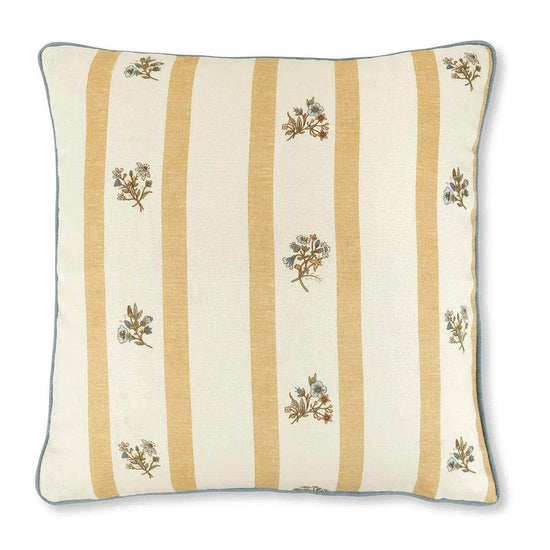 Posy Stripe Cushion in Ochre with Contrast Blue Trim