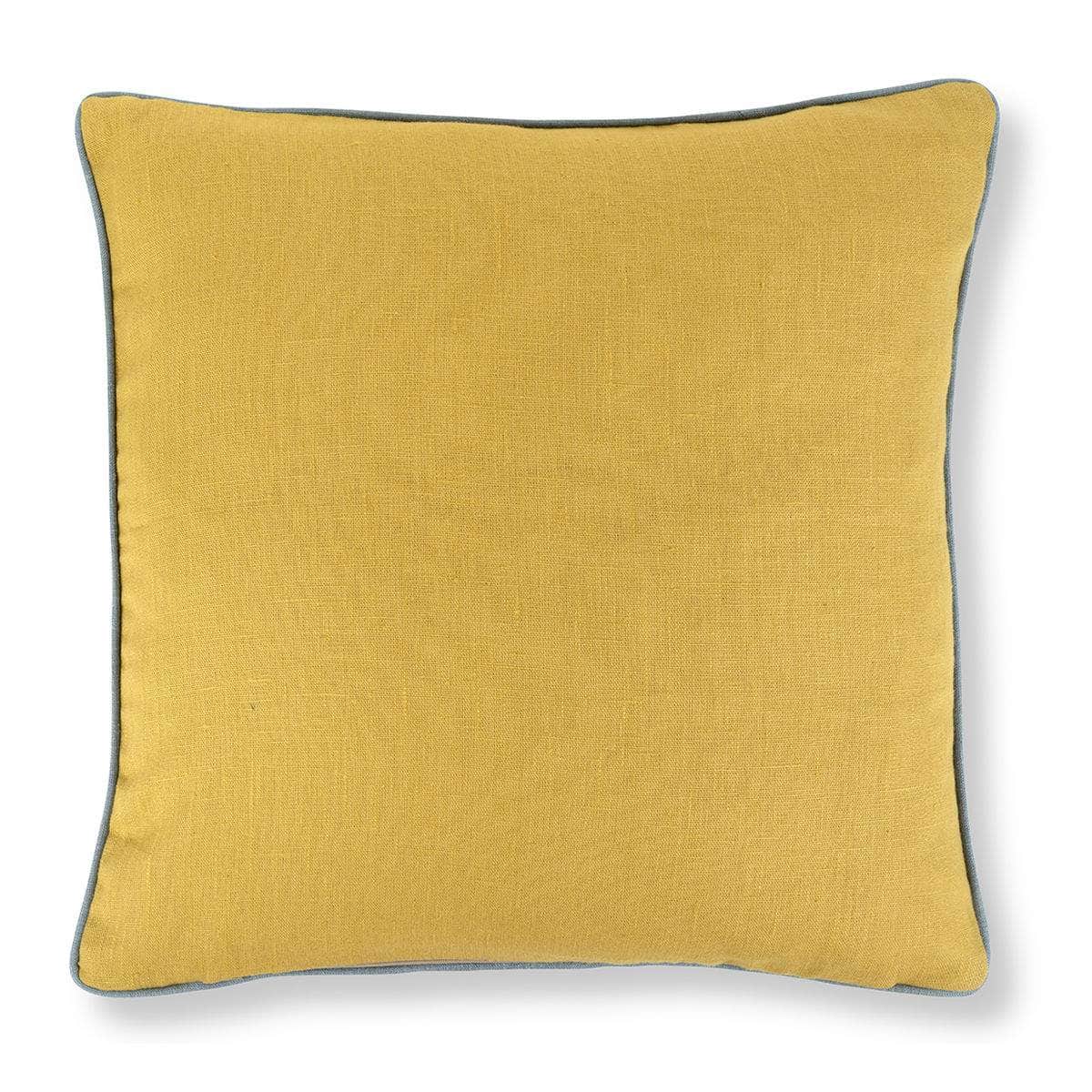 Load image into Gallery viewer, Flax &amp;amp; Field Posy Stripe Cushion in Ochre with Contrast Reverse and Chambray Blue Trim
