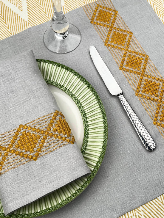The Diamond Napkin & Placemat Set in Mustard & Grey  | One Napkin and One Placemat