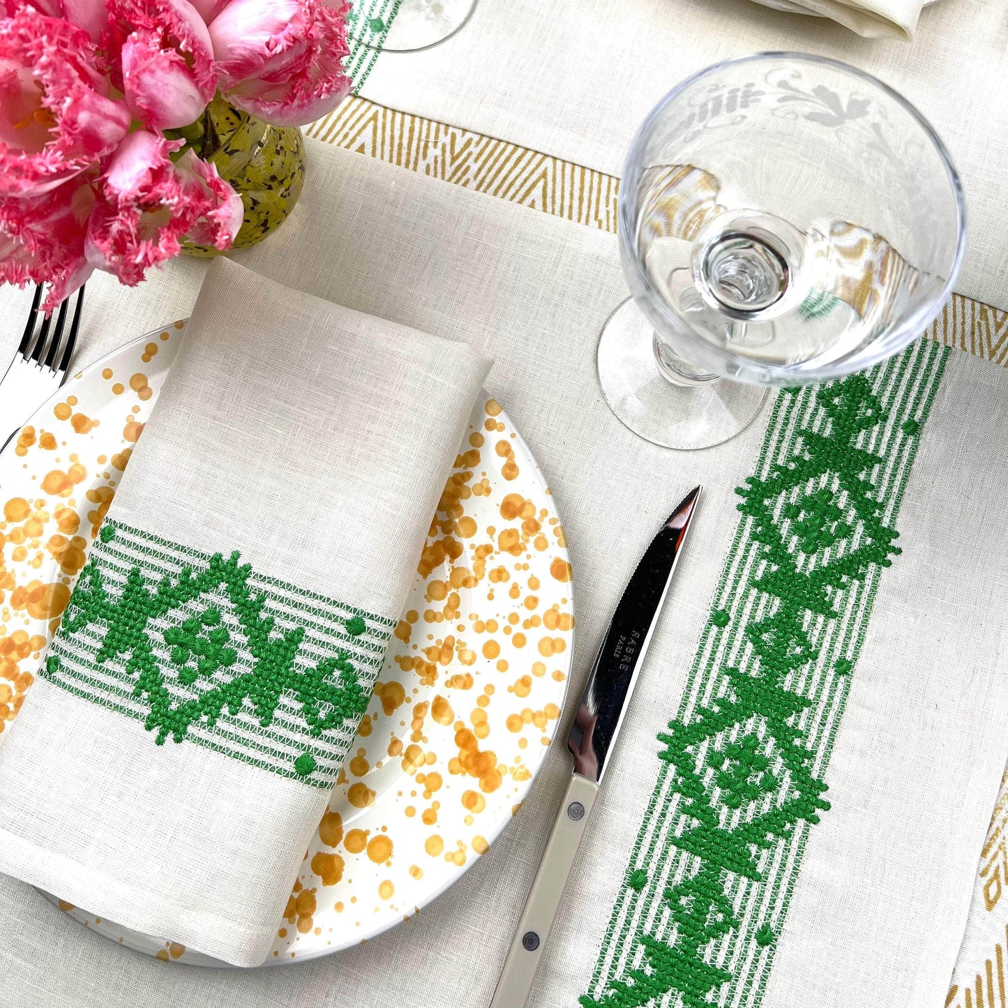 The Folklore Napkin & Placemat Set in Ivory & Shamrock Green | One Napkin and One Placemat